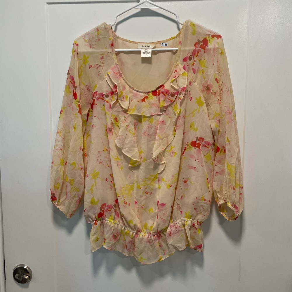 Kate Hill 100% Silk Floral Ruffle Blouse Peach Pink Yellow Smocked Hem Size 8